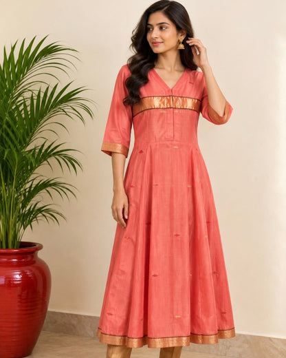 Peach V Neck Maheswari Silk Cotton Dress