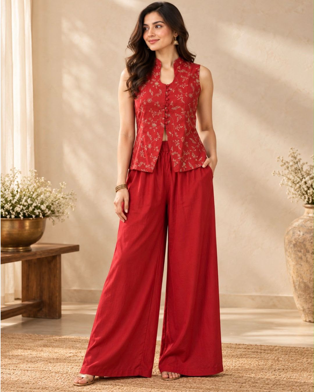 Rust Red Floral Embroidery Sleeveless Solk Cotton Top and Palazzo Co-ord Set