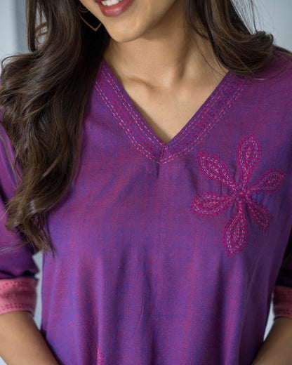 Purple Pink Embroidered V Neck Asymetrical Dress