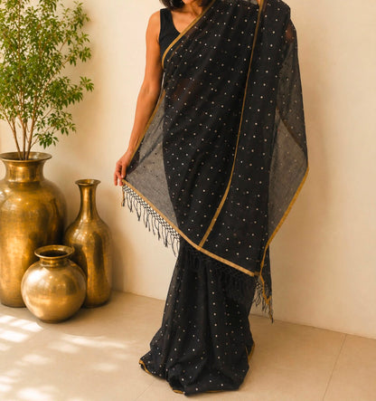 Black Sequins Fulia Cotton Saree