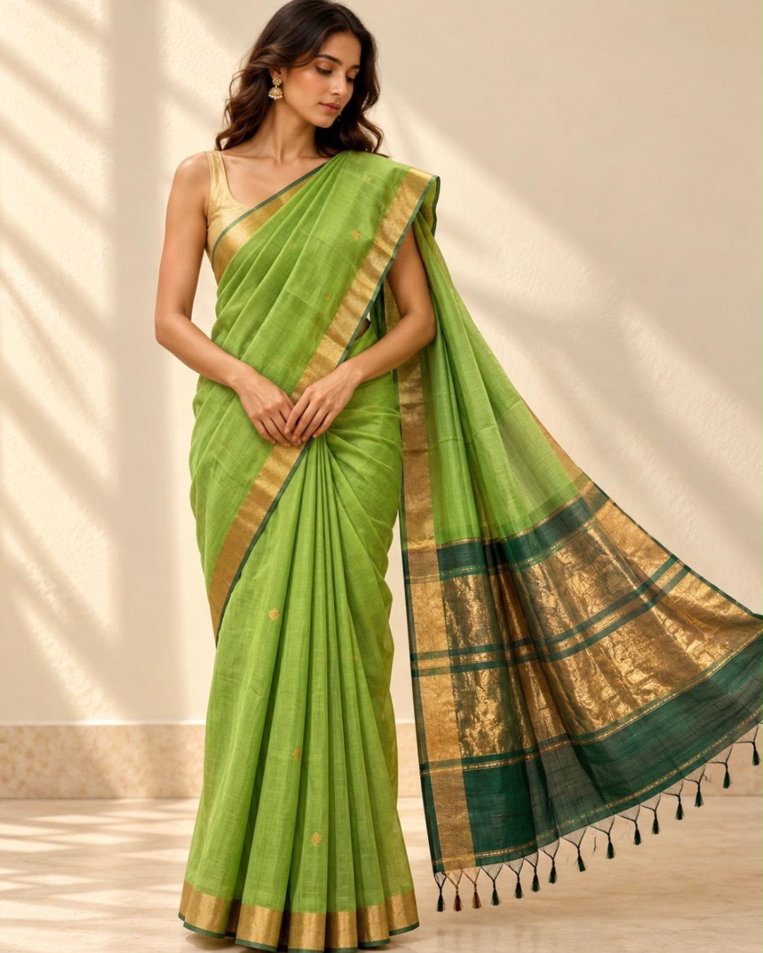Green Gold Zari Border Maroon Contrast Pallu Mangalgiri Silk Saree