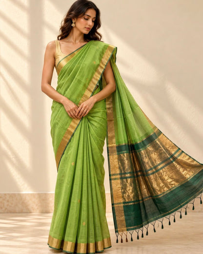 Green Gold Zari Border Maroon Contrast Pallu Mangalgiri Silk Saree