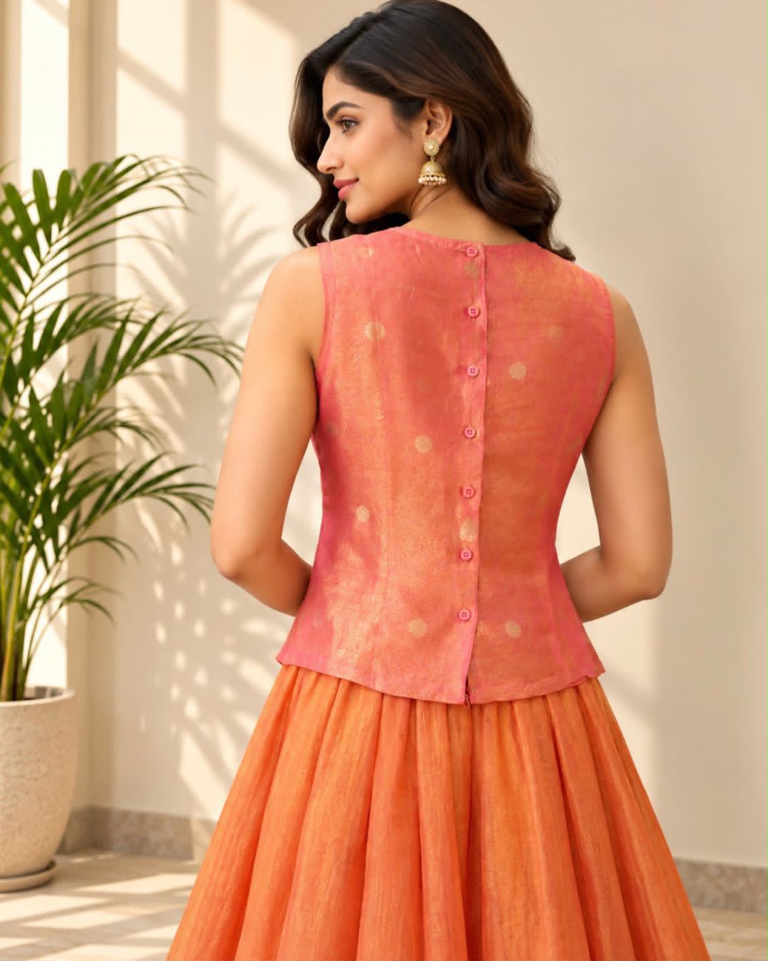 Peach Pink Shaded Round Neck  Dollar Butta Sleeveless Tissue Silk Cotton Blouse