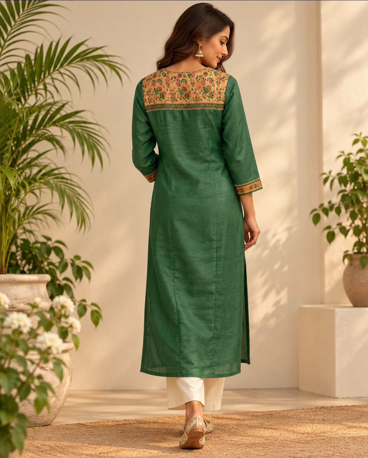 Bottle Green Printed Tussar Kurta with Embroidery Panel Work