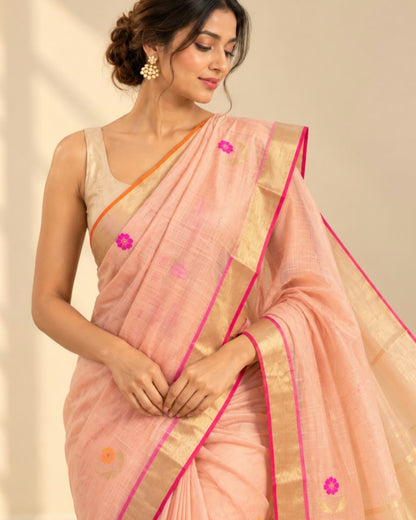 Peach Pink Multicolour Jamdani Butta Marm Chanderi Silk Cotton Saree