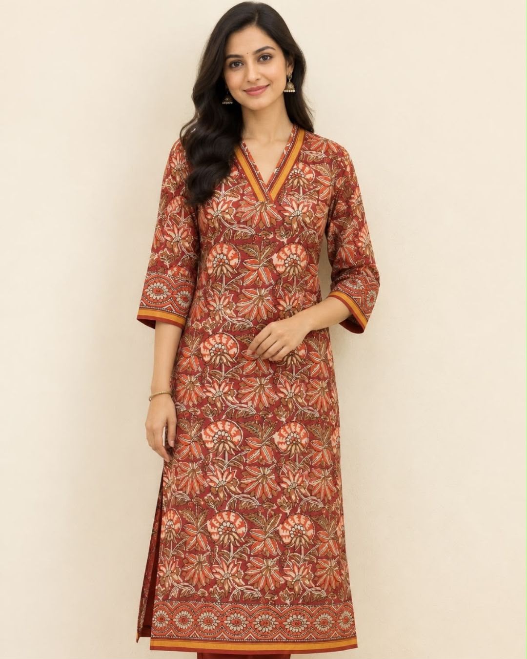 Rust V Neck Hand Block Printed Chanderi Silk Cotton Long Kurta