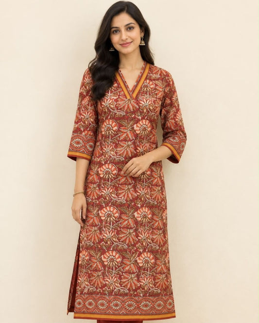 Rust V Neck Hand Block Printed Chanderi Silk Cotton Long Kurta - samasta.in #