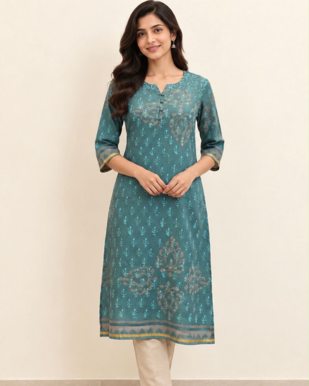 Grey Deepam Neck Hand Block Printed Chanderi Silk Cotton Long Kurta