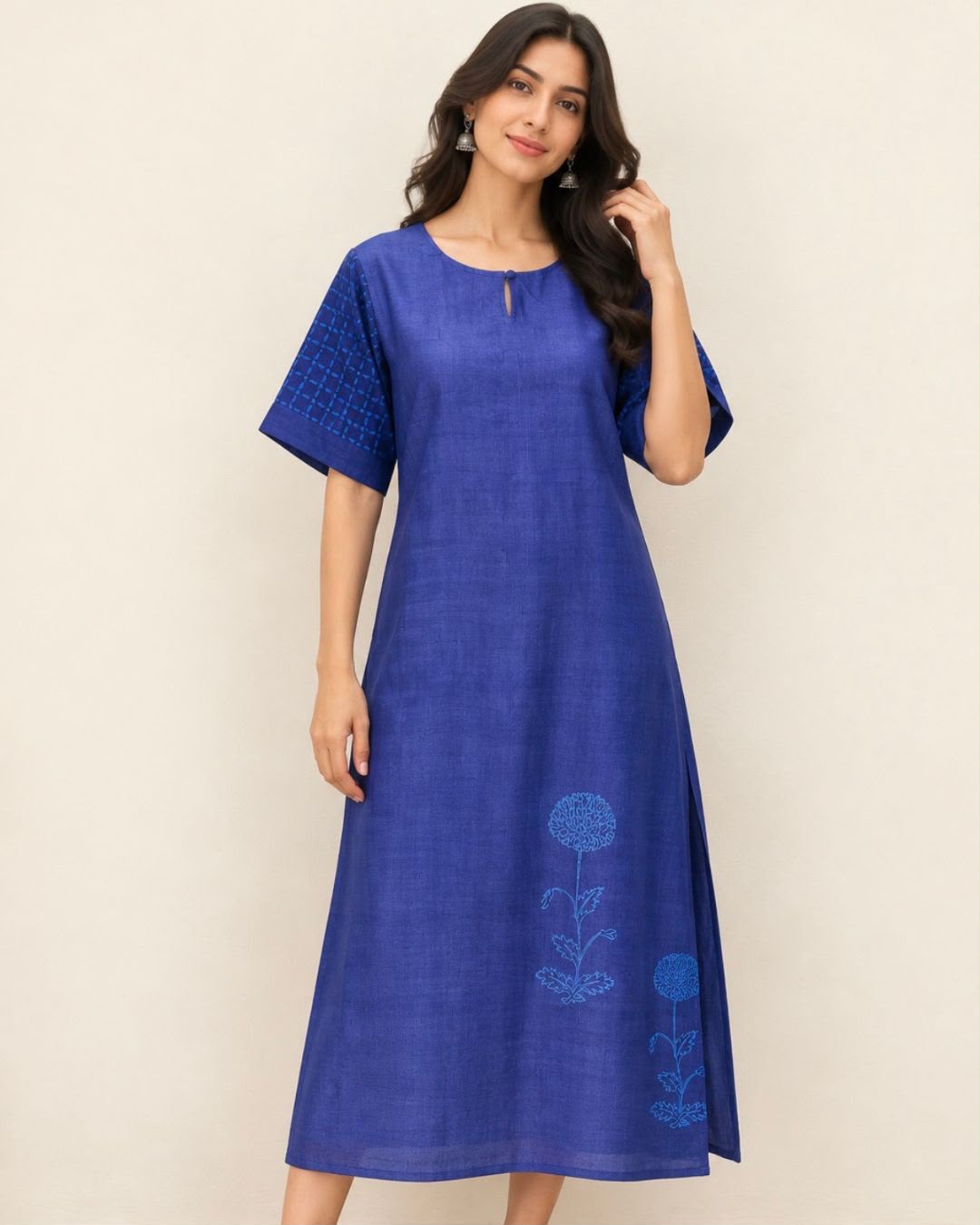 Blue Hand Block Printed Tussar Silk Long Kurta