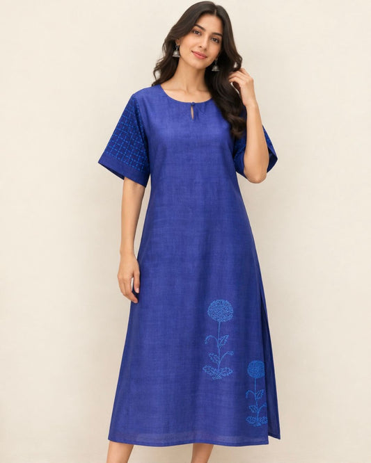 Blue Hand Block Printed Tussar Silk Long Kurta - samasta.in #