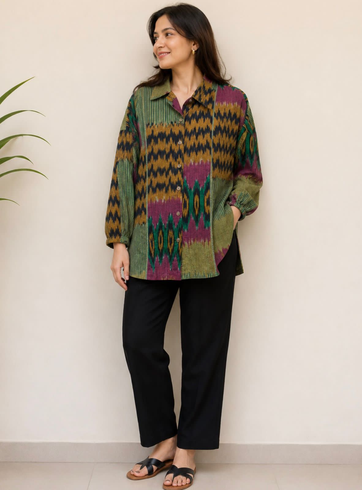 Green Shirt Collar Ikat Cotton Top