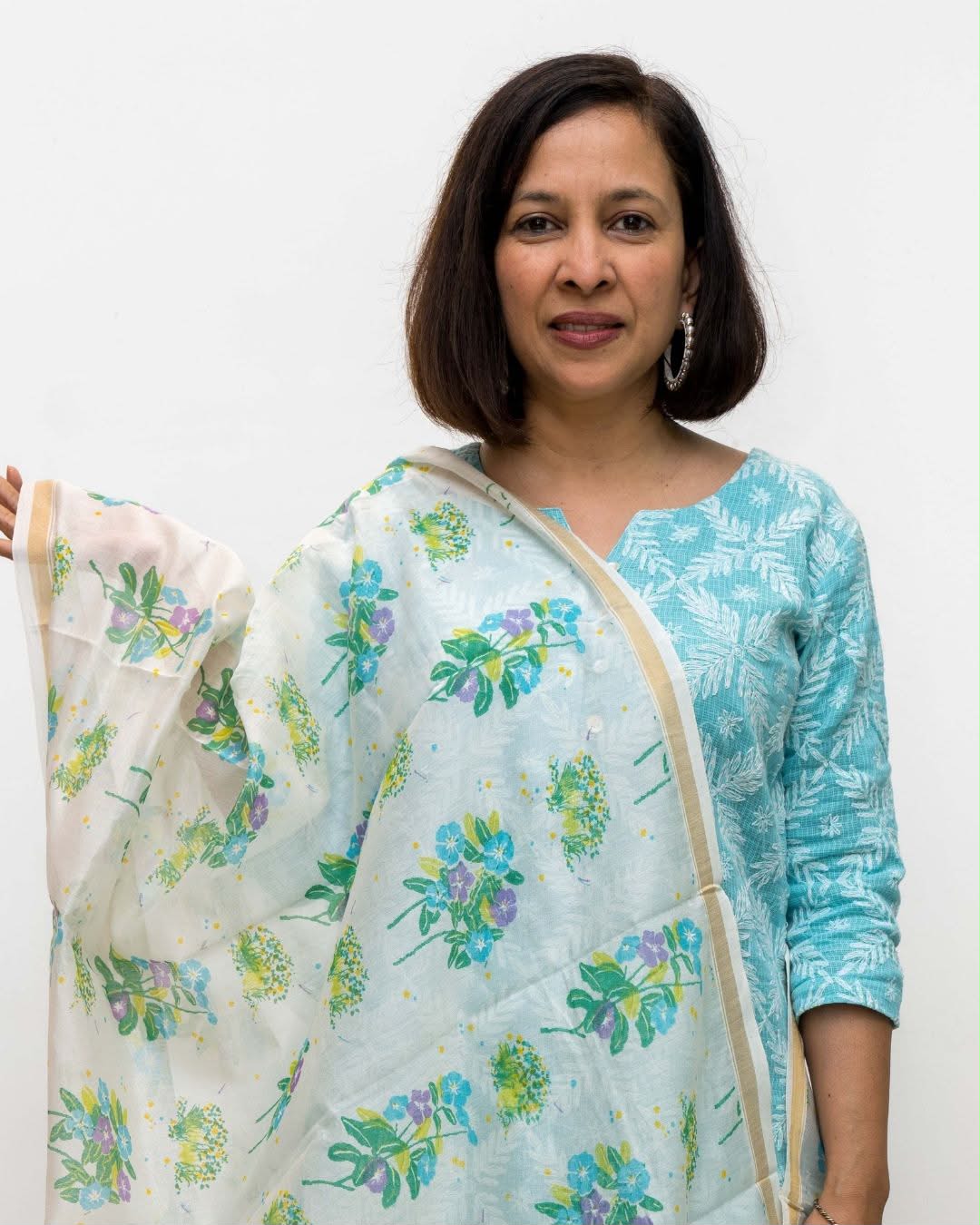 White Silk Cotton Multi Colour Floral Block Print Dupatta
