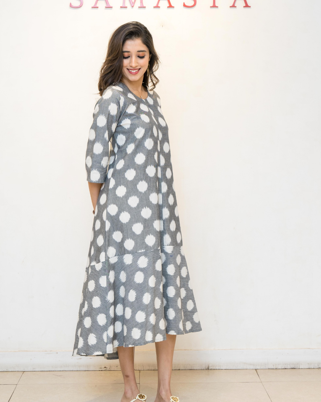 Grey polka printed Cotton Dress