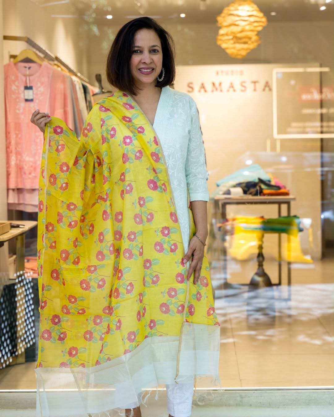Yellow Silk Cotton Pink Floral Block Print  Dupatta
