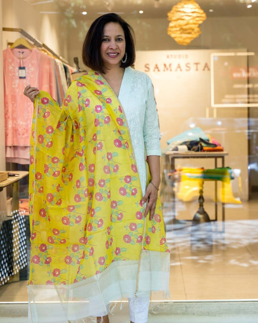 Yellow Silk Cotton Pink Floral Block Print  Dupatta