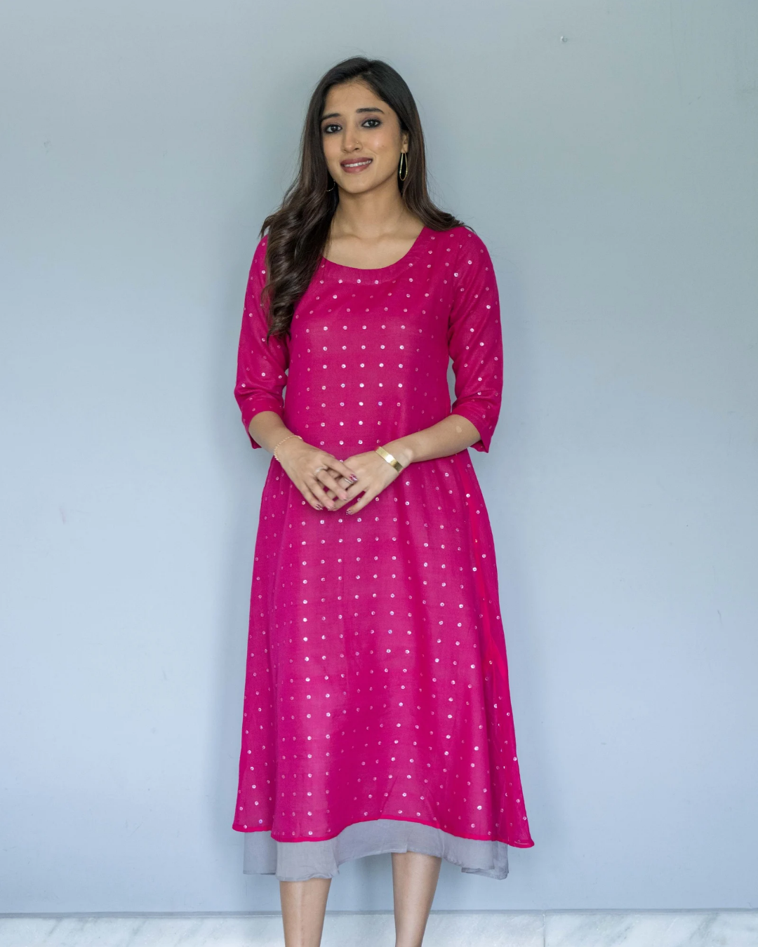 Pink Gray Sequins Cotton Dress