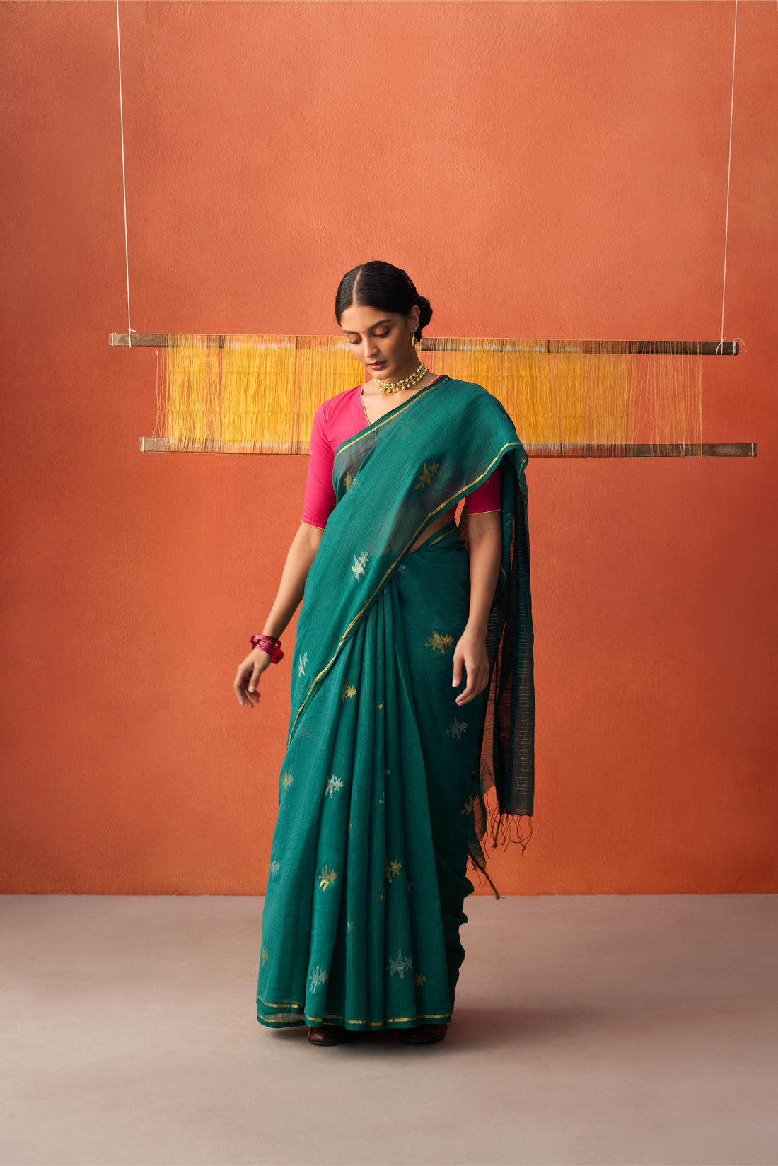 Bottle Green Jamdani Cotton Saree