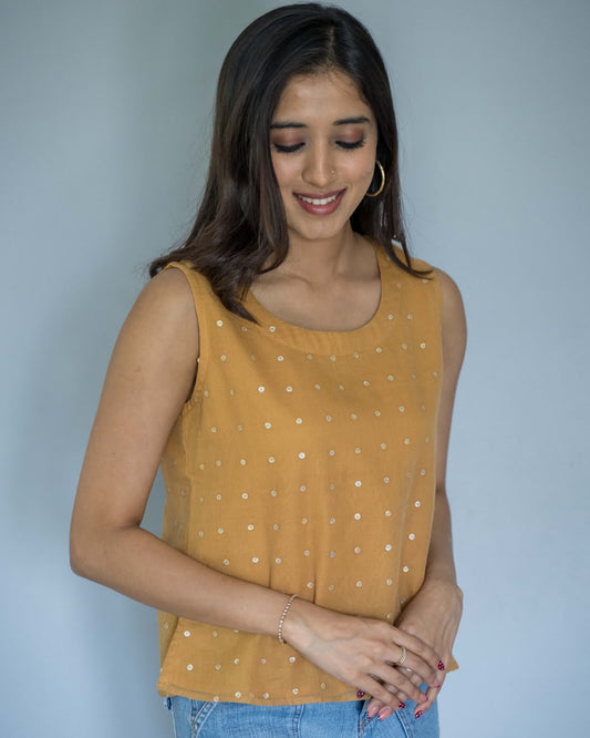 Yellow Sequins Sleeveless Cotton Top