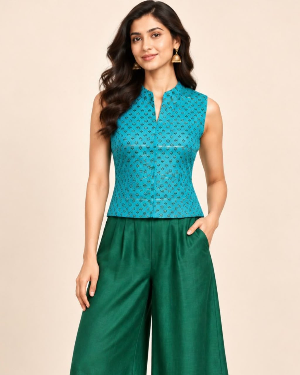 Turq Blue Sleeveless Chinese Collar Blouse