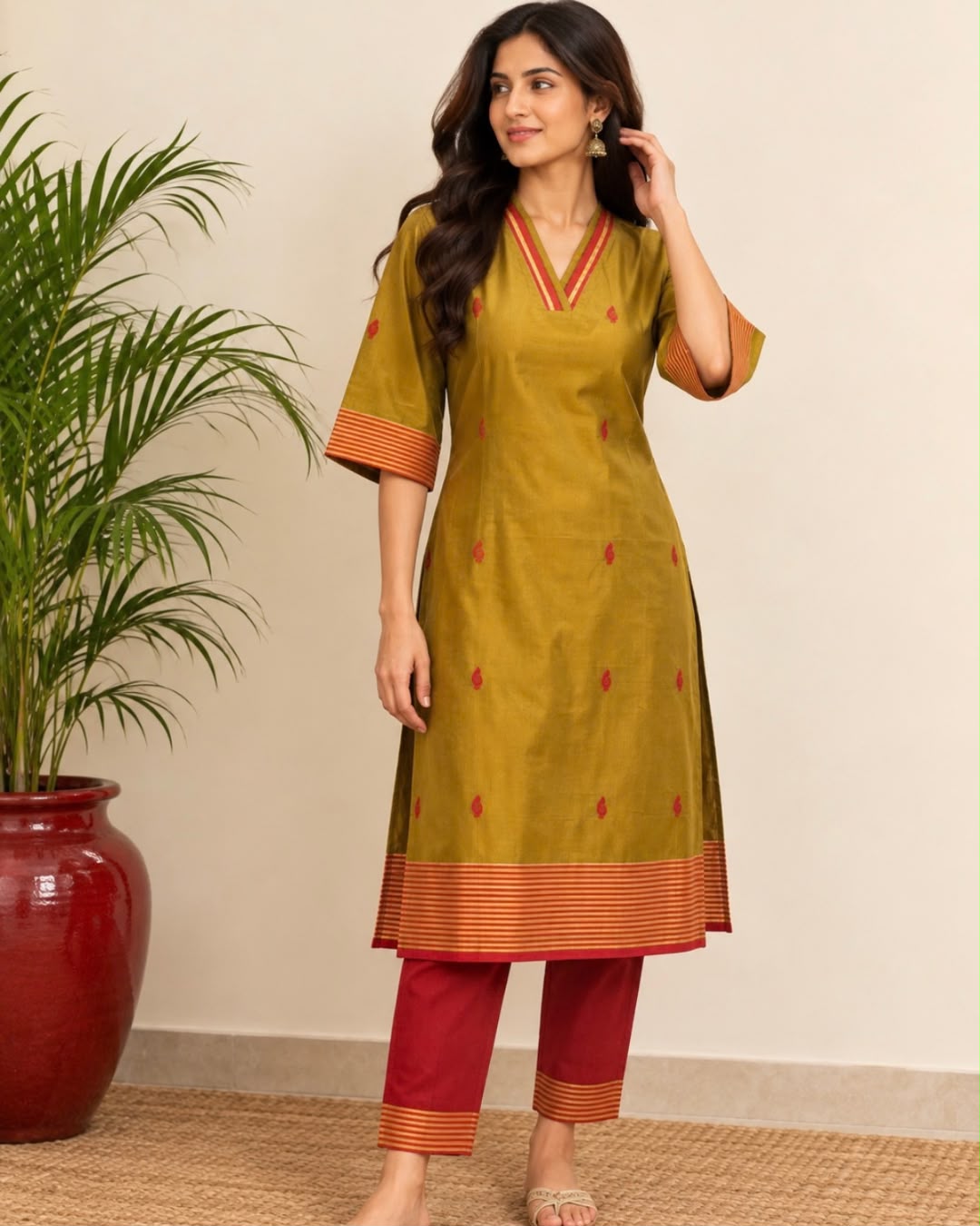 Mehanti Green V Neck Maheswari Silk Cotton Kurta