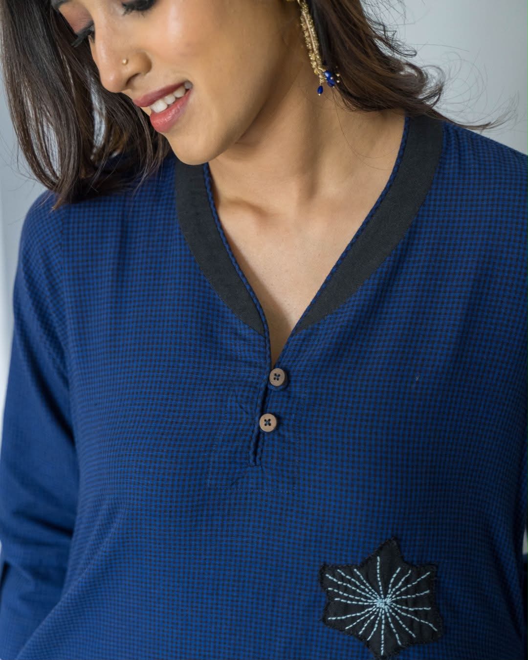 Blue Checks Applique Embroidered Cotton Dress