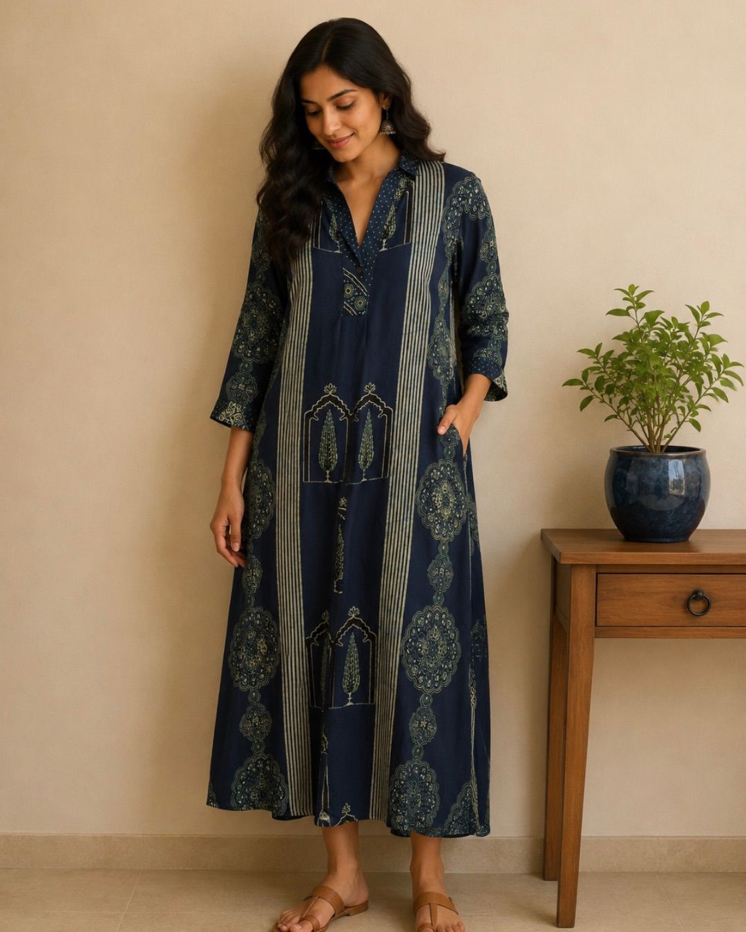 Indigo Blue Ajrakh Shirt Collar Dress