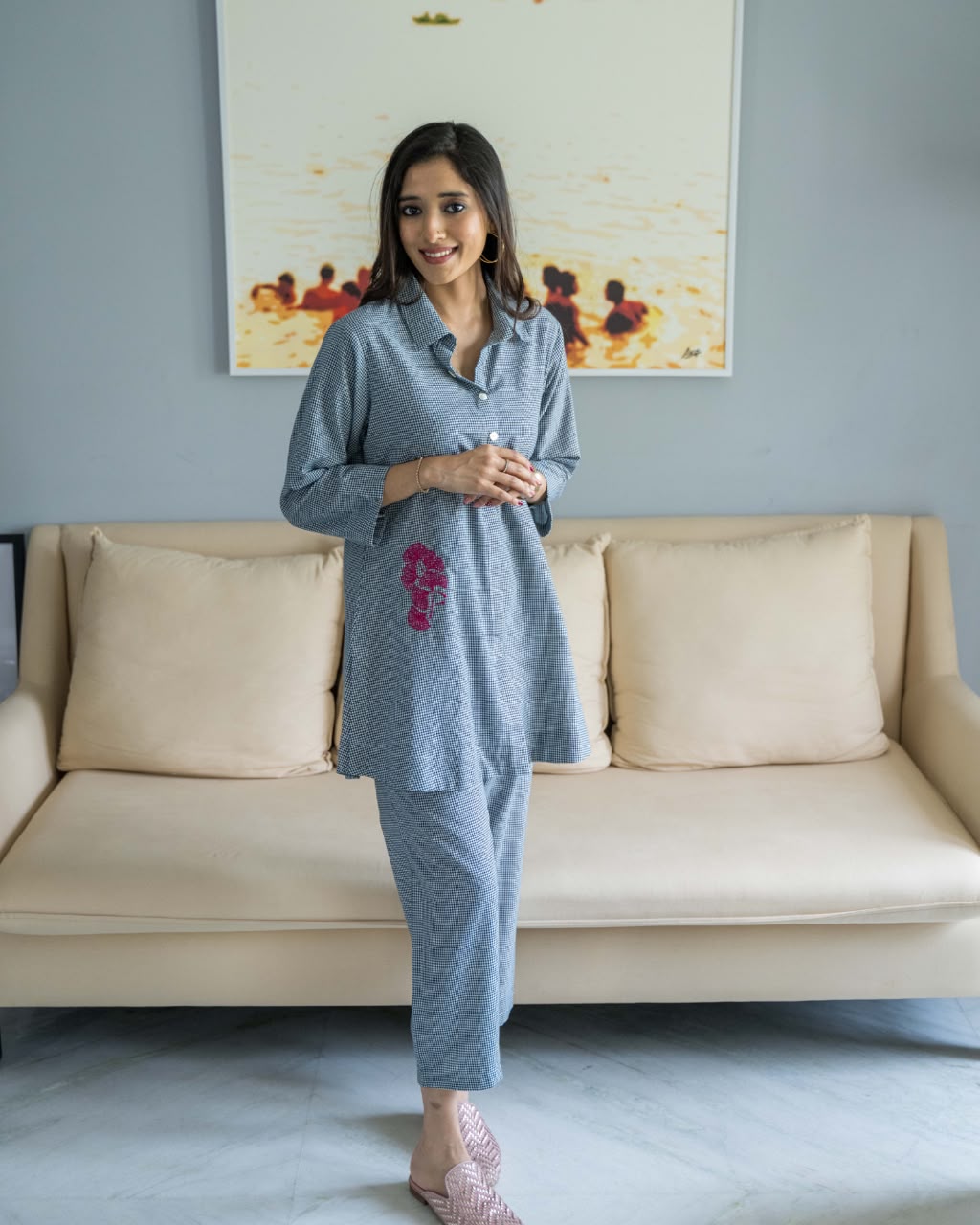 Grey Checks Collar Cotton Co Ord Set