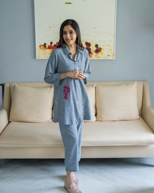 Grey Checks Collar Cotton Co Ord Set