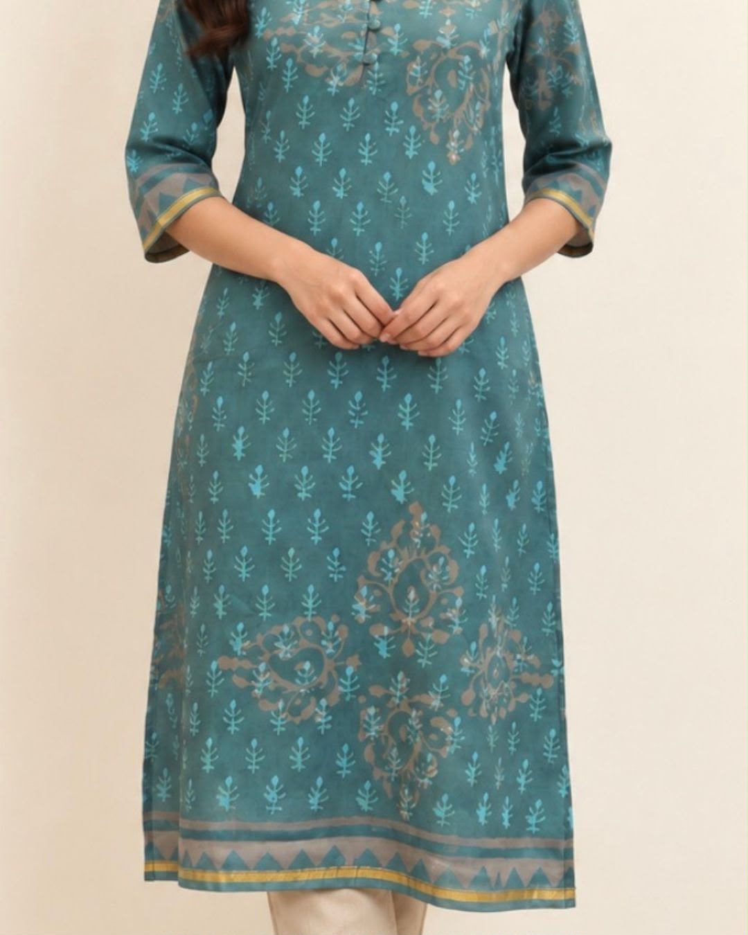Grey Deepam Neck Hand Block Printed Chanderi Silk Cotton Long Kurta