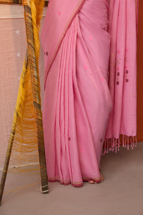 Pink Jamdani Zari Lines Cotton Saree