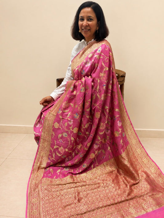 Pink Floral Banarasi Tussar Georgette Silk Saree