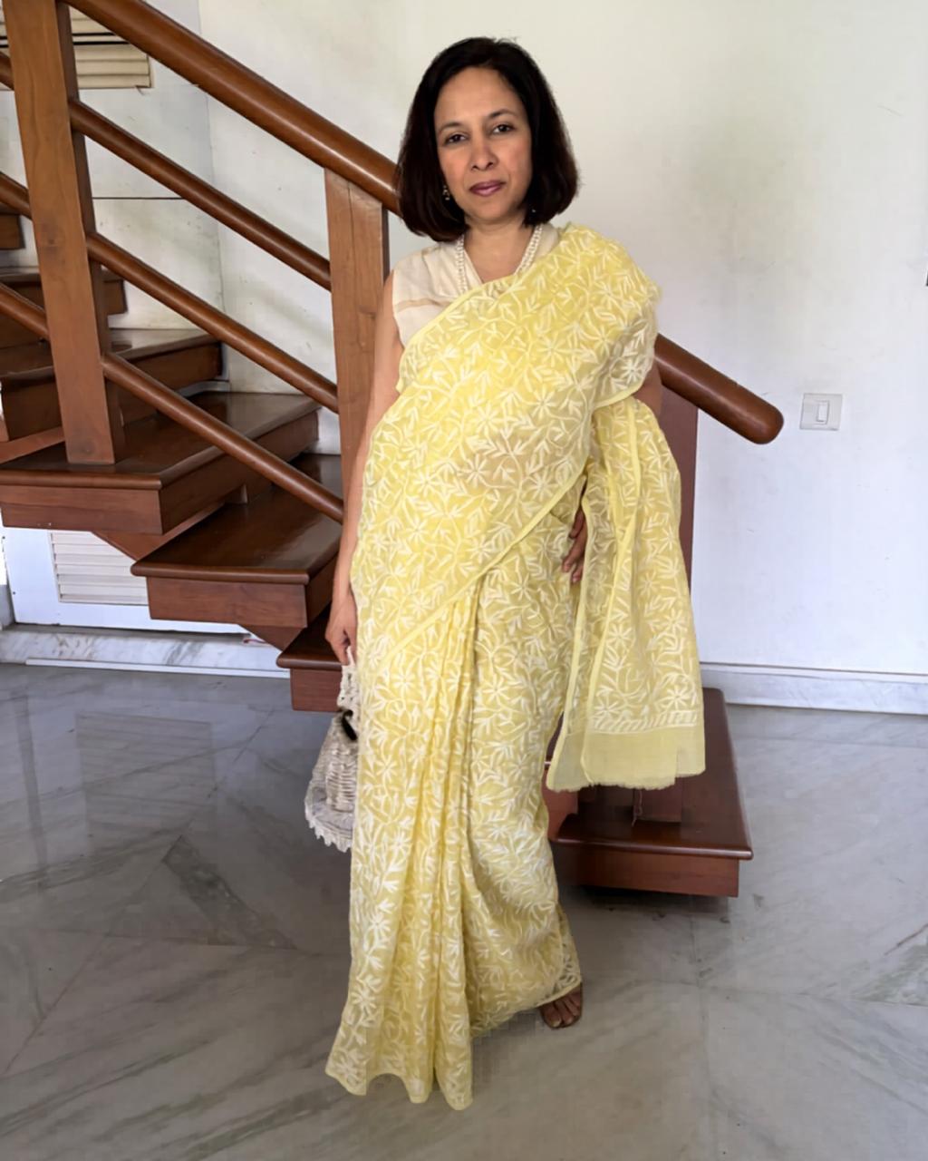 Yellow Chikankari Kota Cotton Saree