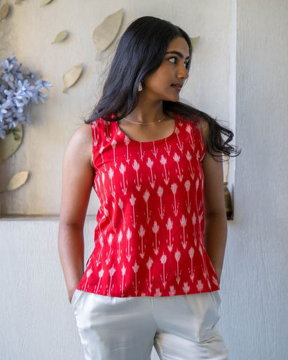 Red Ikat Sleeveless Cotton Top