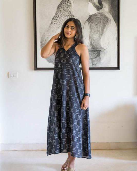 Black Sleeveless Ikat Cotton Dress