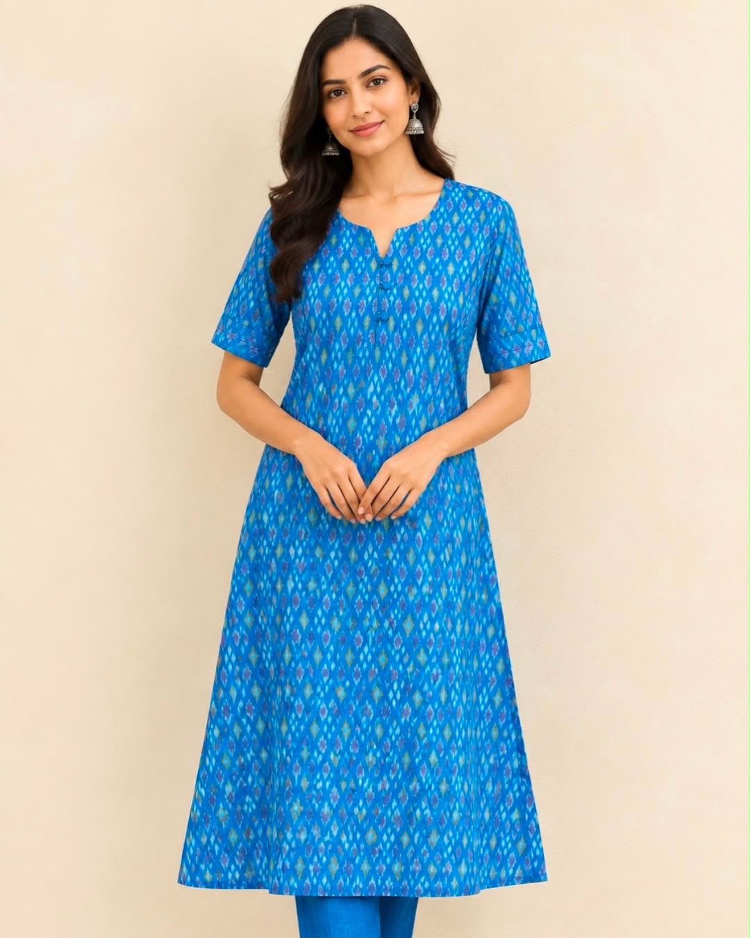 Blue Deepam Neck Super Fine ikat Silk Kurta