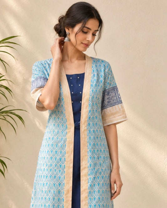 White Blue Fish Printed Tussar Silk Cotton Overlay - samasta.in #