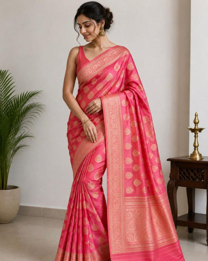 Peach Floral Butta Banarasi Tissue Silk Saree