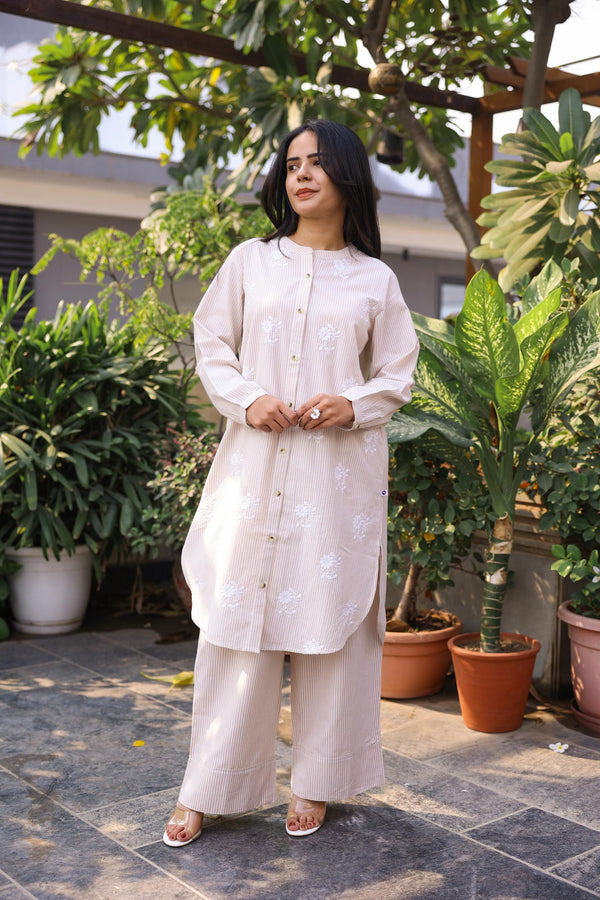 Beige Stripe Cotton Co Ord Sets