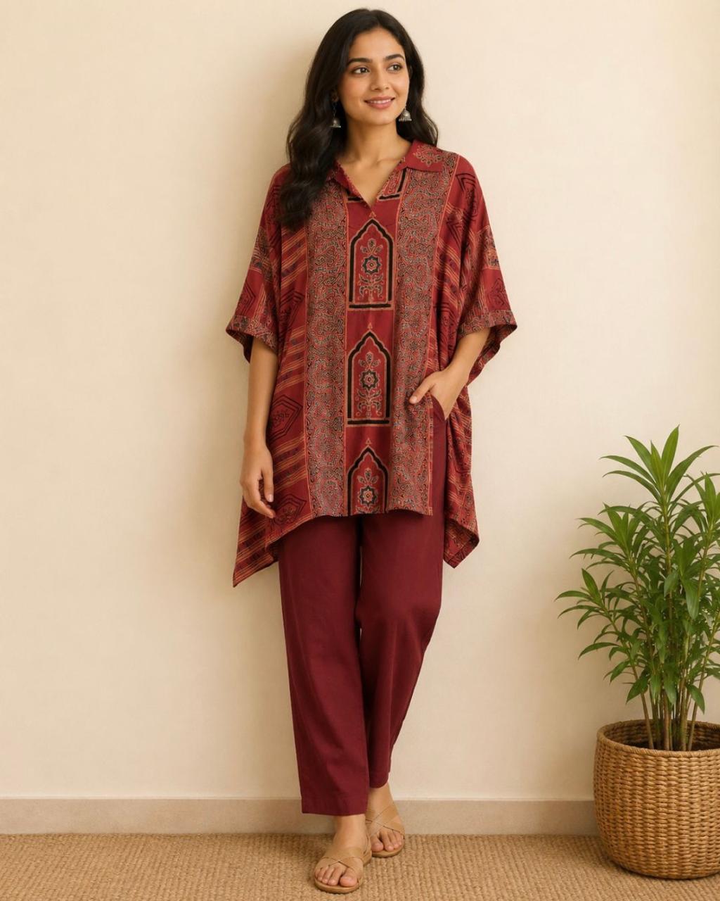 Maroon Shirt Collar Kaftan Modal Top