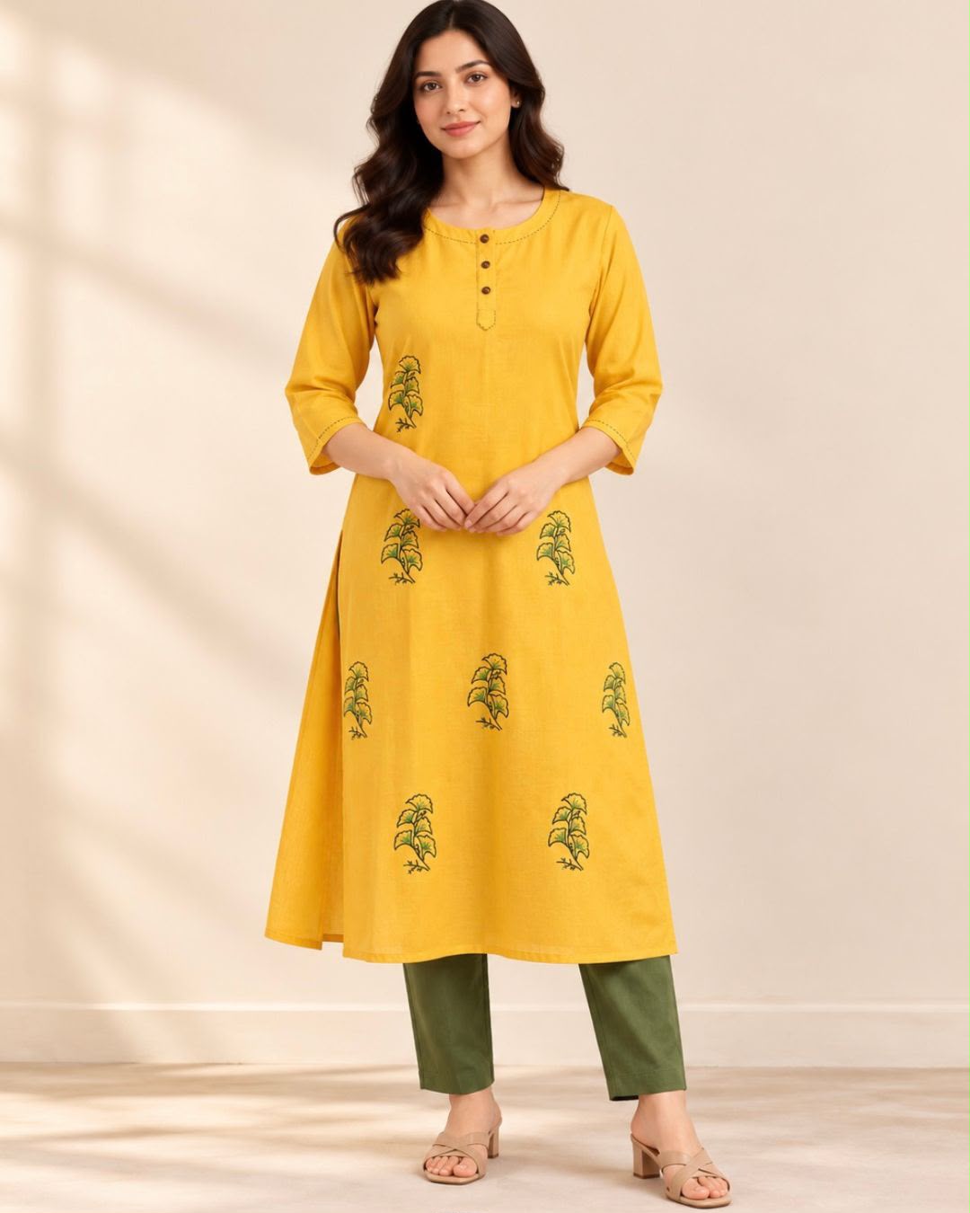 Yellow Floral Kanta Porgai Embroidery A-Line Cotton Dress