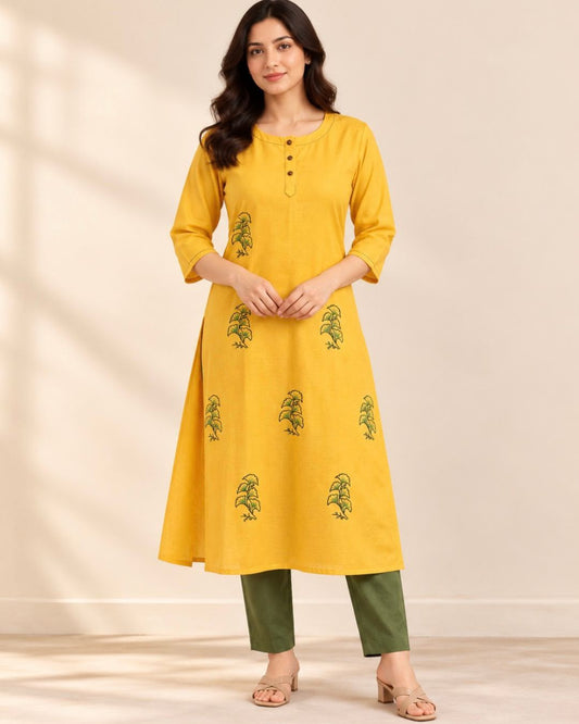 Yellow Floral Kanta Porgai Embroidery A-Line Cotton Dress