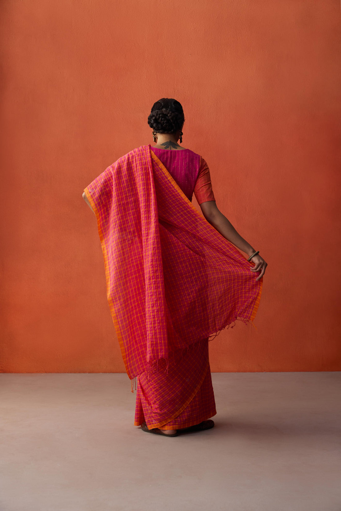 Pink Orange Checks Jamdani Cotton Saree
