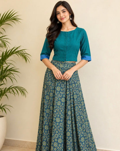 Peacock Green Boat Neck Cotton  Blouse