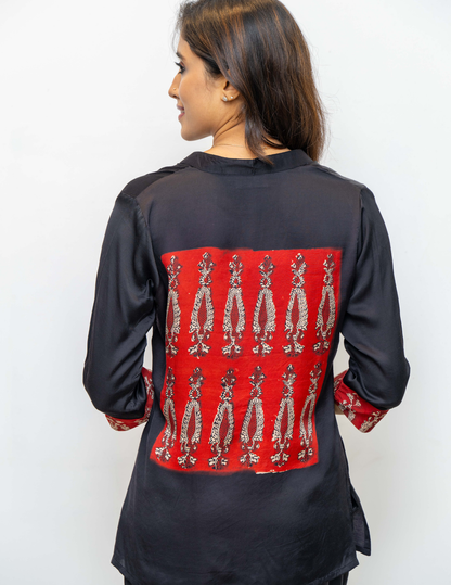 Black Red Ajrakh Printed Modal Silk Tunic