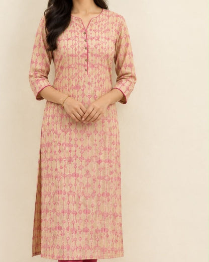 Beige Pink Deepam Neck Hand Block Printed Tussar Cotton Kurta