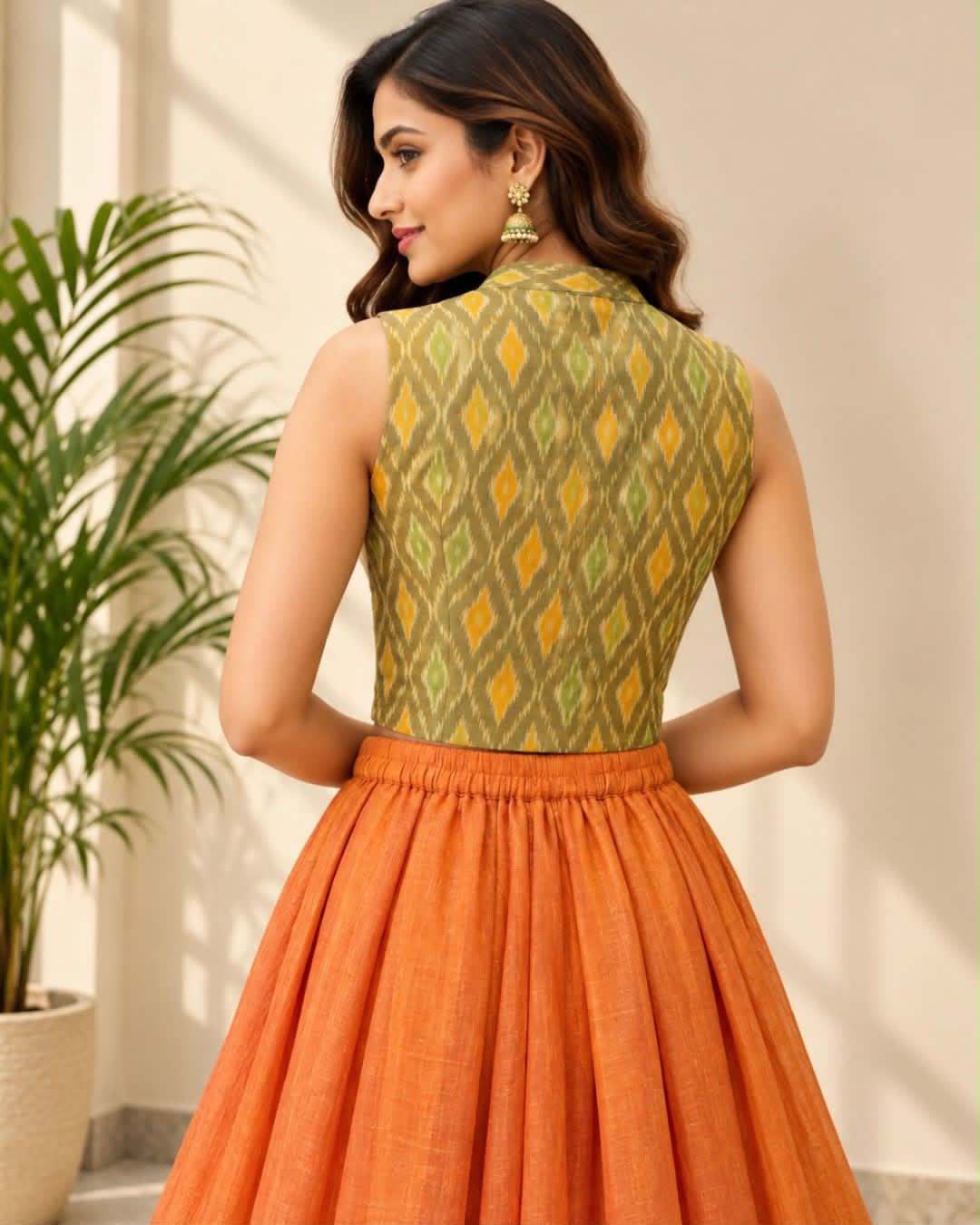 Mehndi Green V Neck Sleeveless Ikkat Blouse