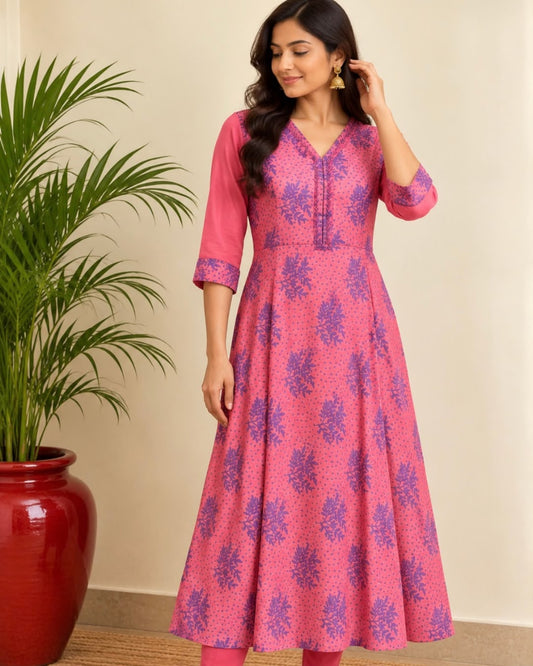 Pink Hand Emboroidery V Neck Maheswari Silk Cotton Dress - samasta.in #