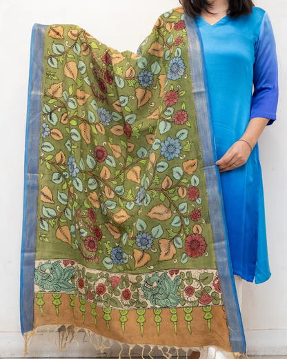 Green 4 Pen Kalamkari Silk Dupatta