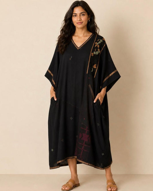 Black V Neck Jamdani Kafton Cotton Dress