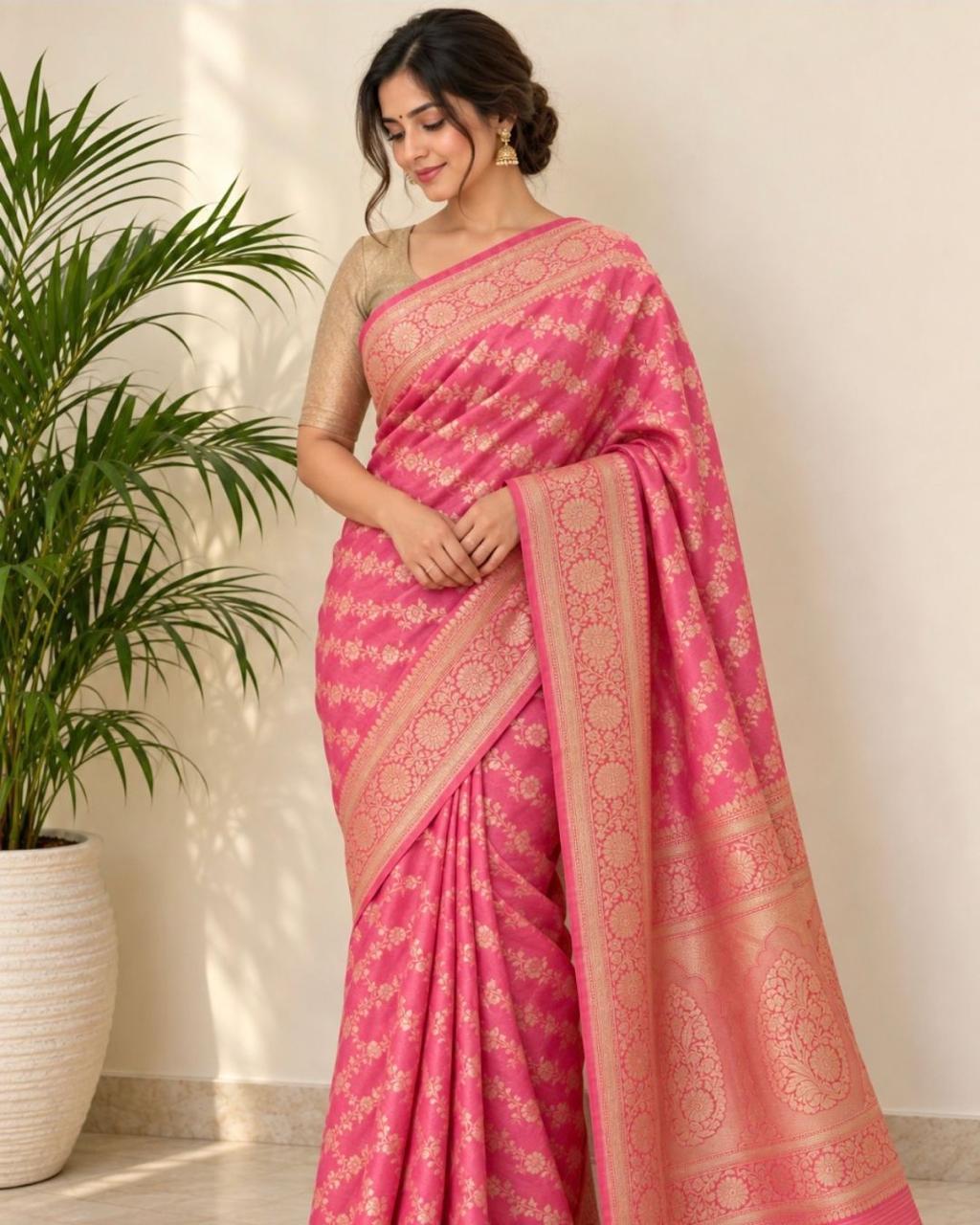 Fuchsia Pink All-Over Gold Zari Jaal & Rich Pallu Banarasi Katan Silk Saree